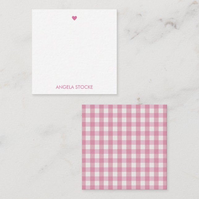 Personalized White Pink Gingham Mitteilungskarte (Vorne/Hinten)