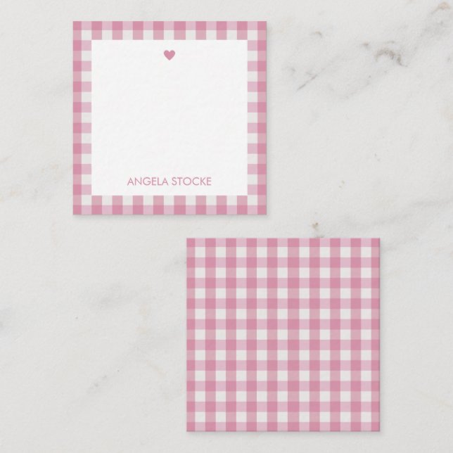 Personalized White Pink Gingham Mitteilungskarte (Vorne/Hinten)