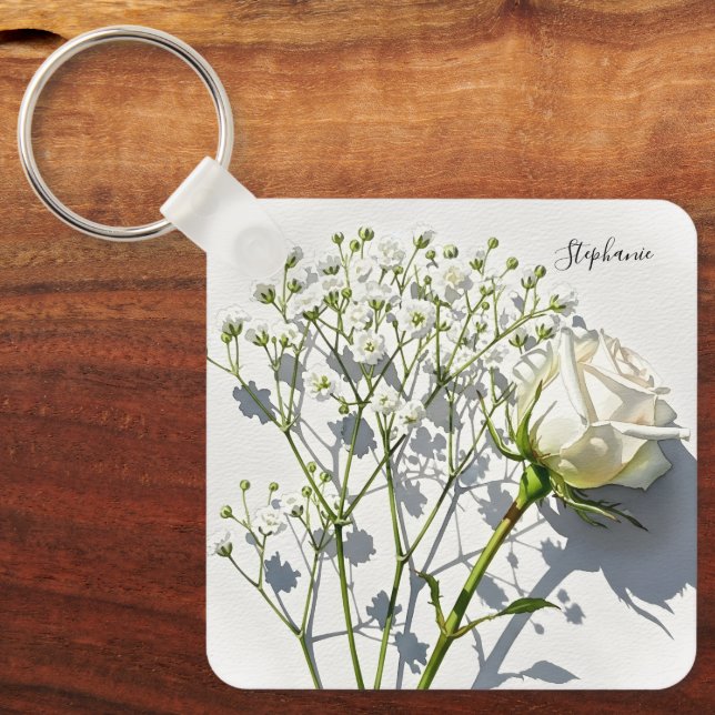 Personalized White Rose Floral Charm Schlüsselanhänger (Vorderseite)