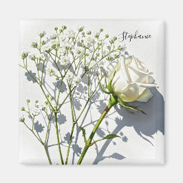Personalized White Rose Floral Magnet