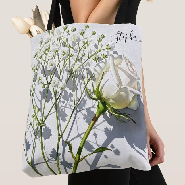 Personalized White Rose Floral Tote Bag Tasche (Von Creator hochgeladen)