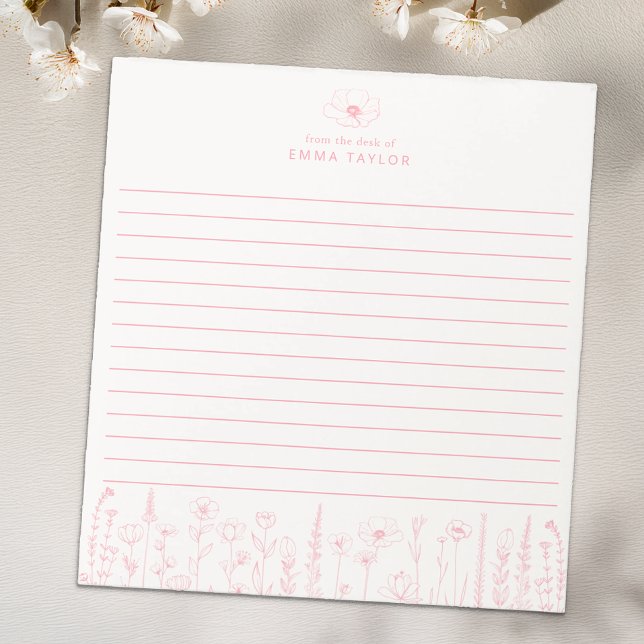 Personalized Wildflower Floral Desk Notepad Notizblock (Pink Paper Pad)