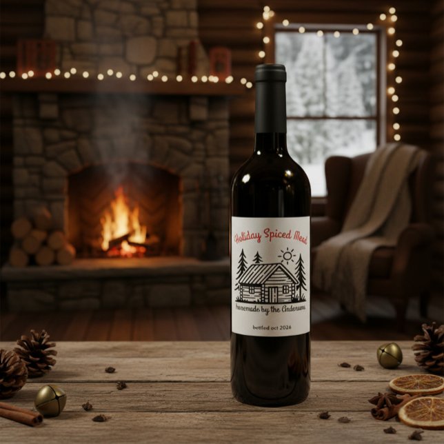 Personalized Winter Cabin Holiday Spiced Mead Weinetikett (Von Creator hochgeladen)