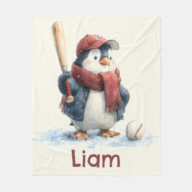 Personalized Winter Penguin Baseball Kid Fleecedecke (Vorderseite)