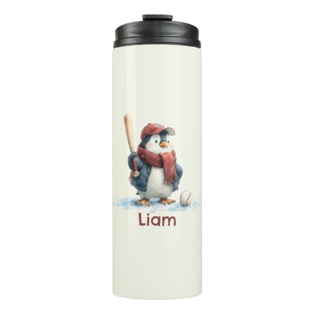 Personalized Winter Penguin Baseball Kid Thermosbecher (Vorderseite)