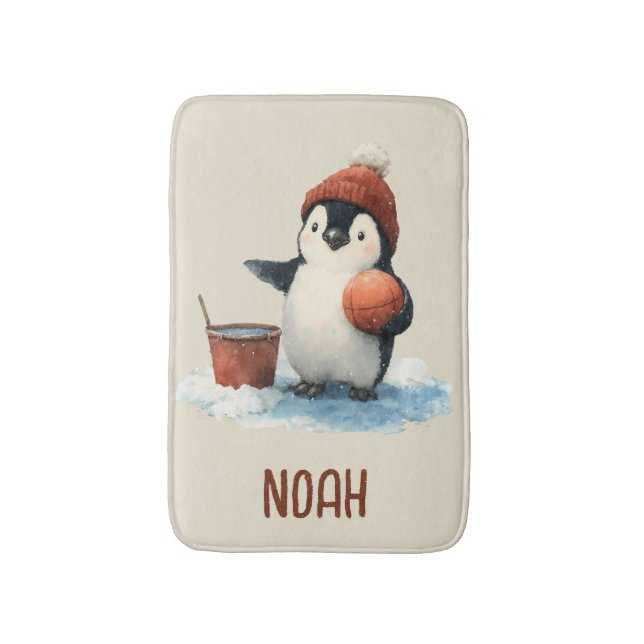 Personalized Winter Penguin Basketball Kid Badematte (Vorderseite Vertikal)