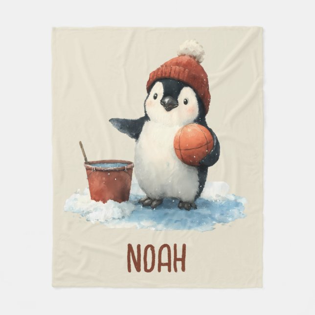 Personalized Winter Penguin Basketball Kid Fleecedecke (Vorderseite)