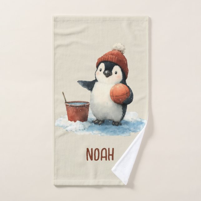 Personalized Winter Penguin Basketball Kid Towel Badhandtuch Set (Handtuch)