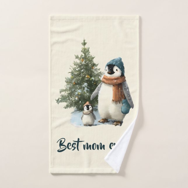 Personalized Winter Penguin “Best Mom Ever” Badhandtuch Set (Handtuch)