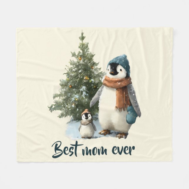 Personalized Winter Penguin “Best Mom Ever” Fleecedecke (Vorderseite (Horizontal))