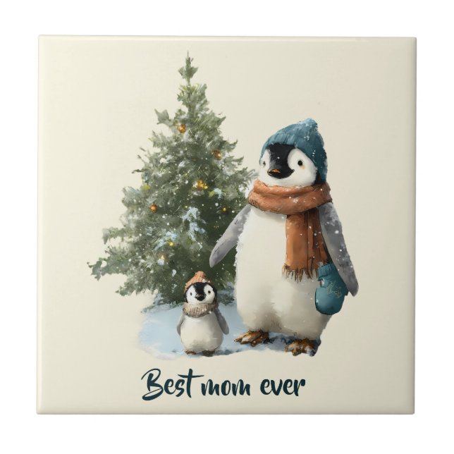 Personalized Winter Penguin “Best Mom Ever” Fliese (Vorderseite)