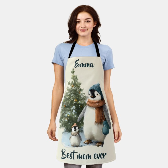 Personalized Winter Penguin “Best Mom Ever” Schürze (Getragen)