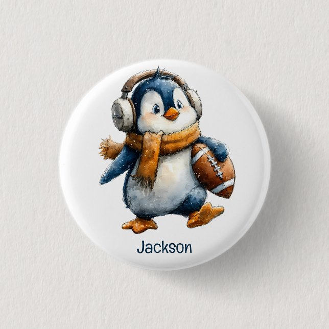 Personalized Winter Penguin Football Kid Button (Vorderseite)