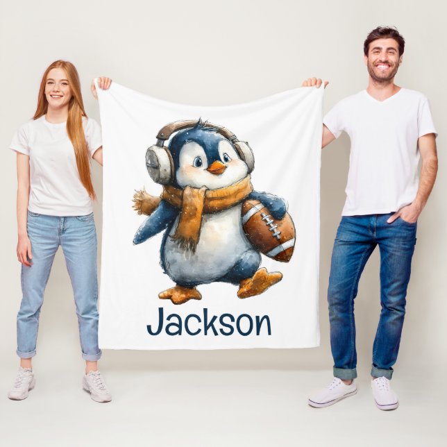 Personalized Winter Penguin Football Kid Fleecedecke (Beispiel)