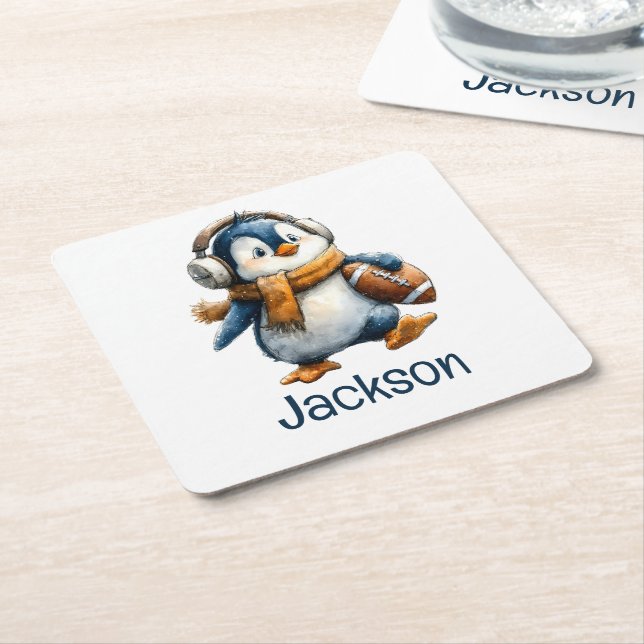 Personalized Winter Penguin Football Kid Rechteckiger Pappuntersetzer (angewinkelt)
