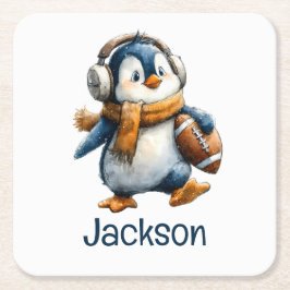 Personalized Winter Penguin Football Kid Rechteckiger Pappuntersetzer