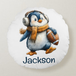 Personalized Winter Penguin Football Kid Rundes Kissen