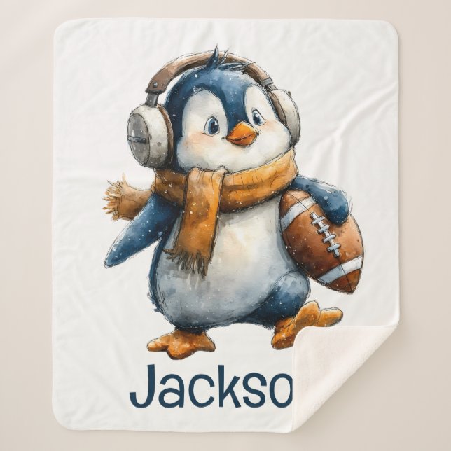 Personalized Winter Penguin Football Kid Sherpadecke (Vorderseite)
