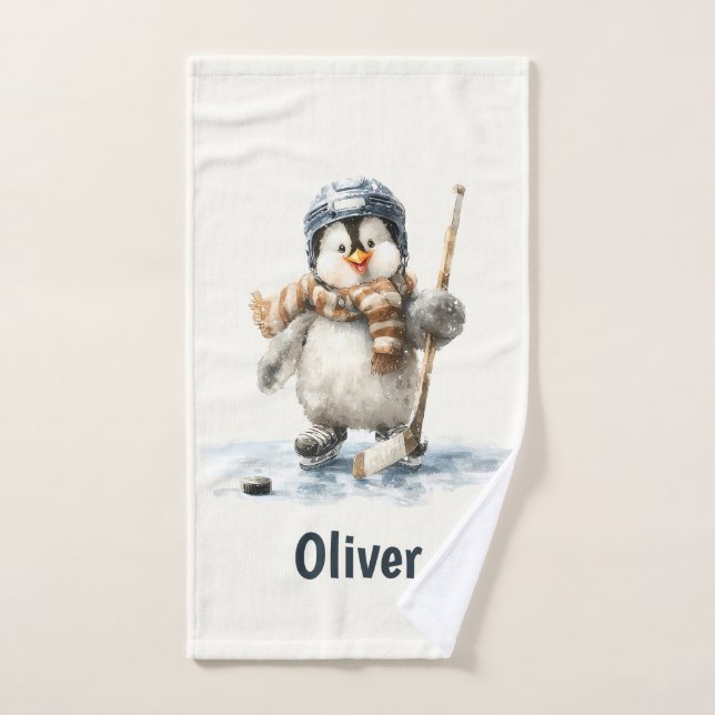 Personalized Winter Penguin Hockey Kid Badhandtuch Set (Handtuch)