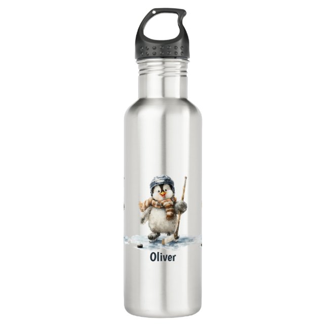 Personalized Winter Penguin Hockey Kid Edelstahlflasche (Vorderseite)