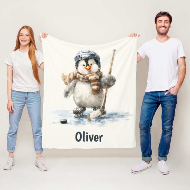 Personalized Winter Penguin Hockey Kid Fleecedecke (Beispiel)
