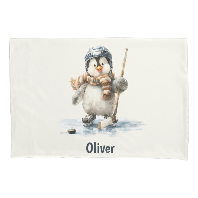 Personalized Winter Penguin Hockey Kid Kissenbezug (Vorderseite)