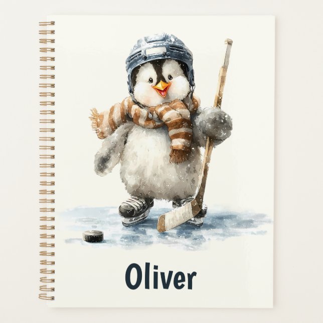 Personalized Winter Penguin Hockey Kid Planer (Vorderseite)