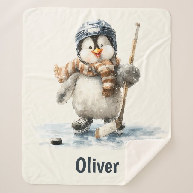 Personalized Winter Penguin Hockey Kid Sherpadecke (Vorderseite)