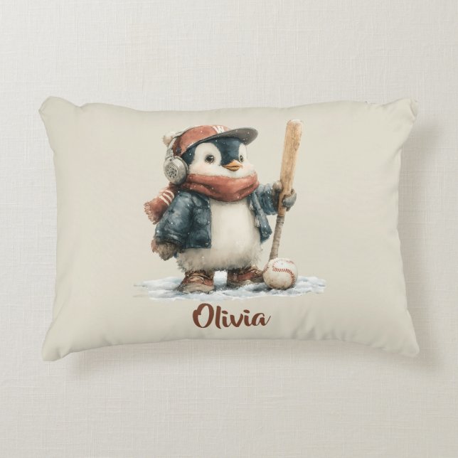 Personalized Winter Penguin Softball Kid Dekokissen (Vorderseite)