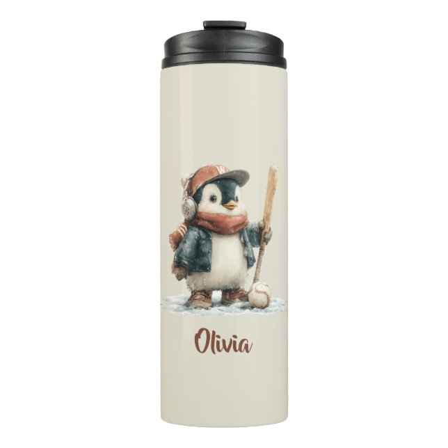 Personalized Winter Penguin Softball Kid Thermosbecher (Vorderseite)