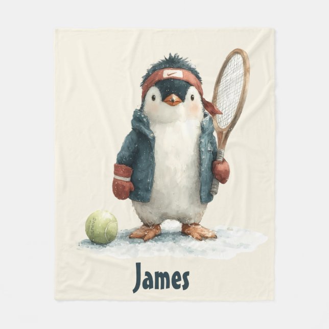 Personalized Winter Penguin Tennis Kid Fleecedecke (Vorderseite)