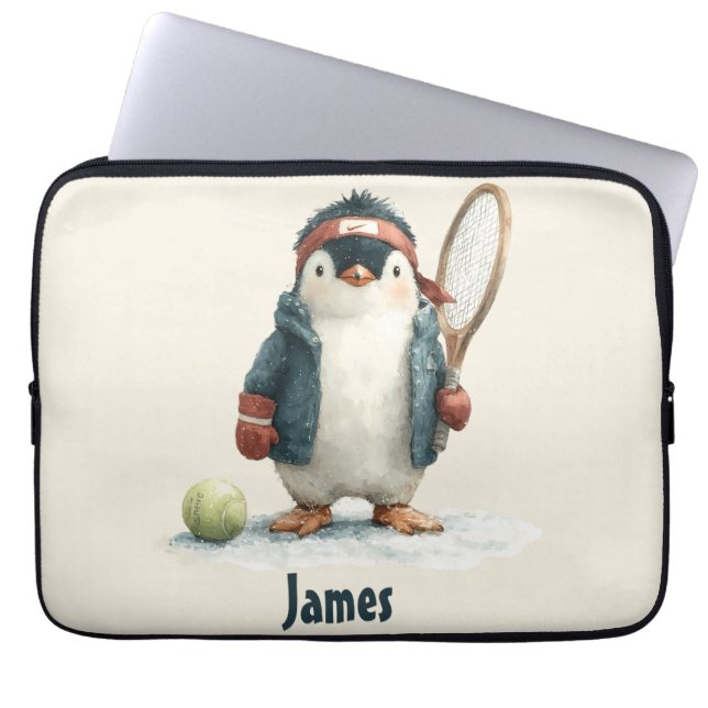 Personalized Winter Penguin Tennis Kid Laptopschutzhülle (Vorderseite)