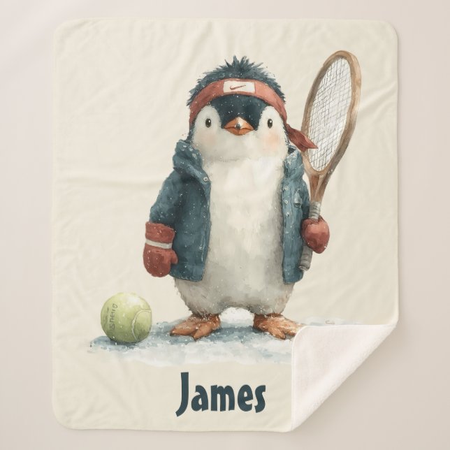 Personalized Winter Penguin Tennis Kid Sherpadecke (Vorderseite)