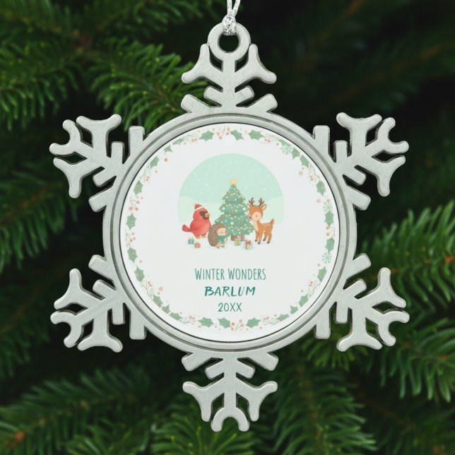 Personalized Woodland Friends  Schneeflocken Zinn-Ornament (Personalized Woodland Friends Snowflake Pewter Christmas Ornament)
