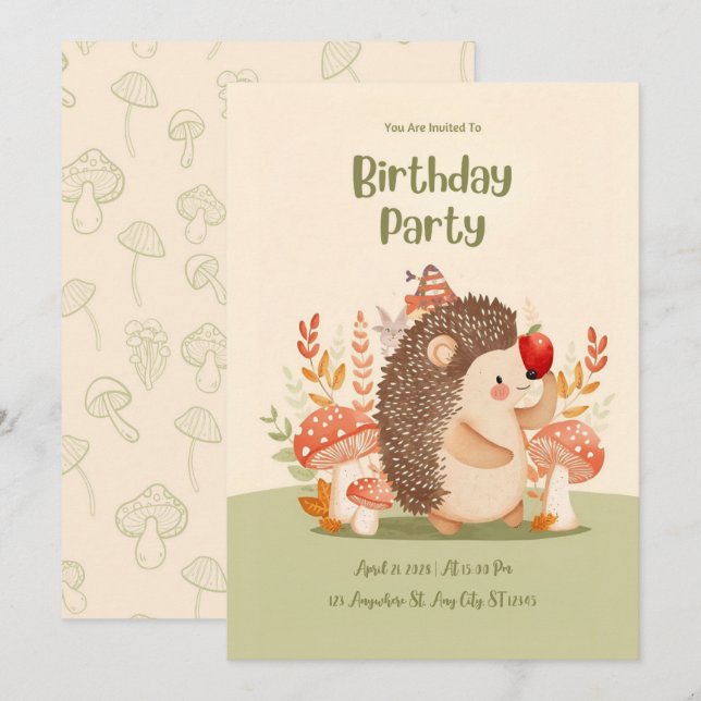 Personalized Woodland Hedgehog Birthday Invitation (Devant / Derrière)