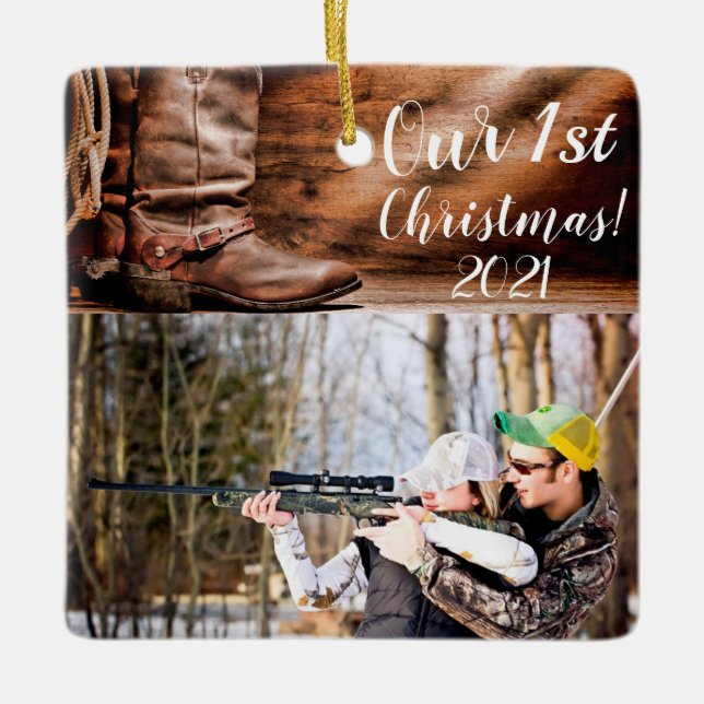 Personalized XMAS Ornament Cowboy Boots Barn Wood (Vorderseite)