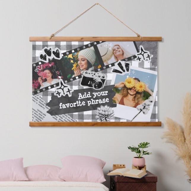 Personalized Y2K Retro Film Photo in Black & White Wandteppich Mit Holzrahmen (Schlafzimmer)