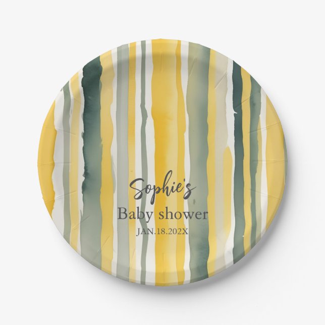 Personalized Yellow Stripe Baby Shower Pappteller (Vorderseite)