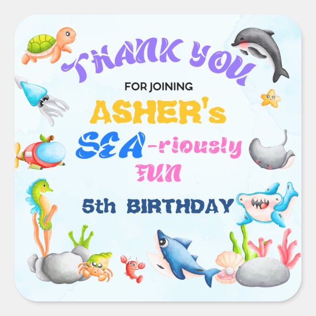 Personalzed Sea-riously Fun Ocean Protector Party Quadratischer Aufkleber (Vorderseite)