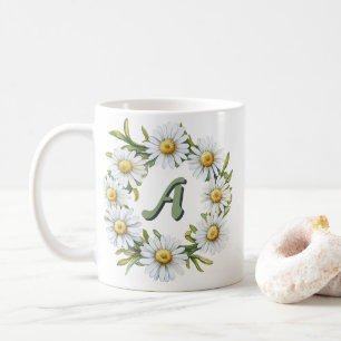 Personeller Wasserfarben-Gänseblümchen-Kranz mit i Kaffeetasse