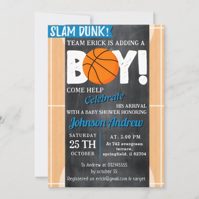 Persönliche Basketball Thema Kinderdusche Slam Dun Einladung (Vorderseite)