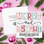 Persönliche Gestaltung des Firmenlogos Feiertagskarte<br><div class="desc">Versenden Sie feierliche Grüße mit der Merry And Bright Business Company Logo Personalisiert Holiday Card, die speziell für Unternehmen entwickelt wurde, die in dieser Ferienzeit einen bleibenden Eindruck hinterlassen möchten. Mit einem angesagten, farbenfrohen Design mit nostalgischem Retro und Vintagem Ambiente hebt sich diese Karte als stilvolle Art hervor, Urlaubsjubiläum mit...</div>