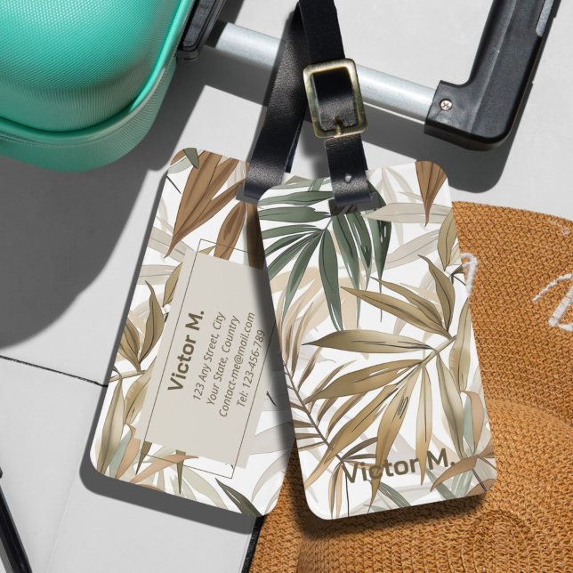 Persönliche Gestaltung des tropischen Leaf Holzkoh Gepäckanhänger (The elegant & chic luggage tag with tropical leaf pattern design in charcoal and gold color tones.)