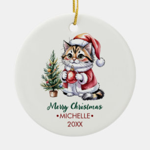 Persönliche Katze mit Weihnachtsmannhut Weihnachts Keramik Ornament