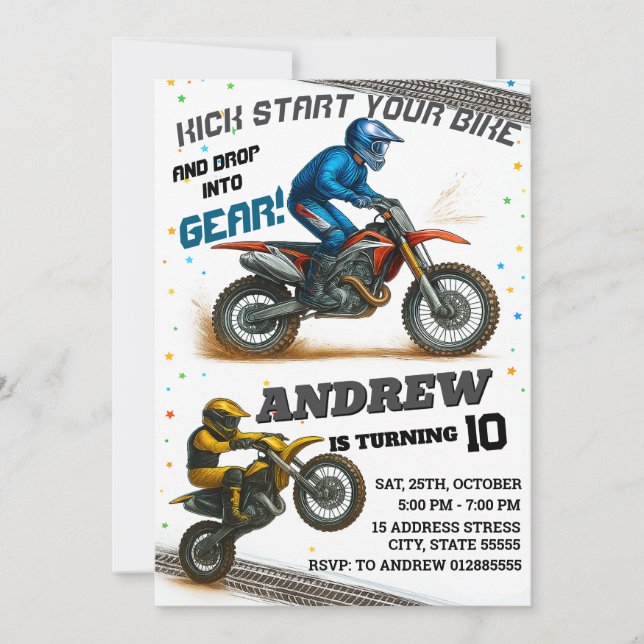 Persönliche moderne Motocross Dirt Motorbike Gebur Einladung (Vorderseite)