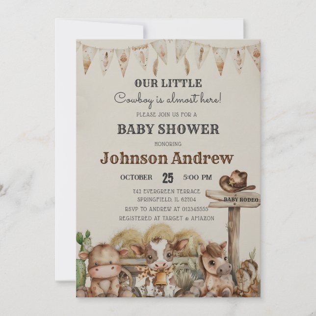 Persönliche Vintage kleine Cowboy-Babydusche Einladung (Vorderseite)