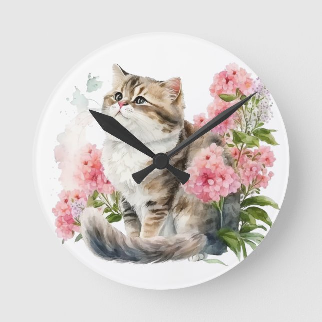 PERSÖNLICHE WASSERKATZE MIT PINK-BLUME RUNDE WANDUHR (Vorderseite)
