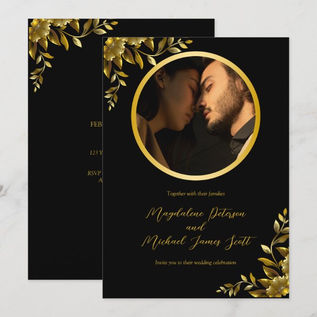 Persönlicher Foto Gold Circle Frame auf Black Wedd Einladung (Vorne/Hinten)