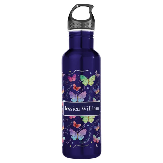 Persönlicher Name Elegant Lila Schmetterlinge Edelstahlflasche (Vorderseite)