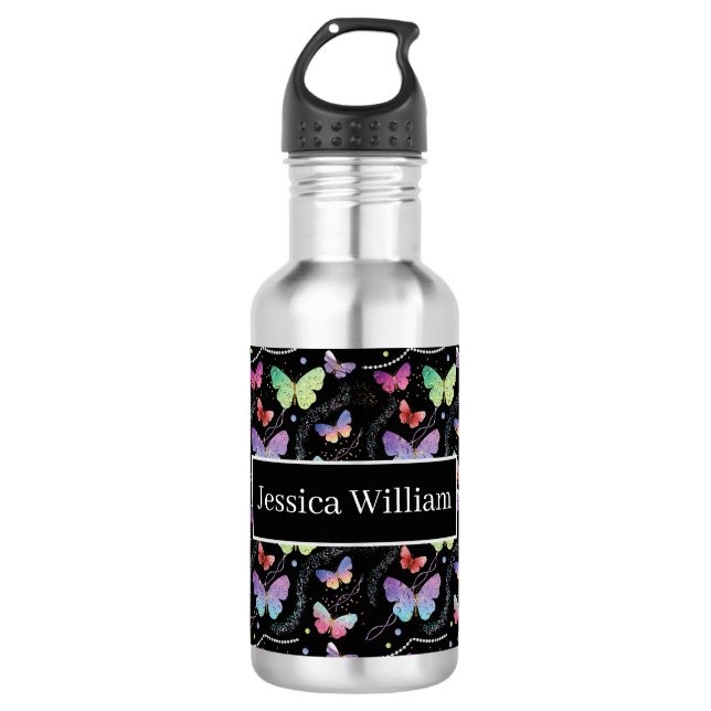 Persönlicher Name Elegant Lila Schmetterlinge Edelstahlflasche (Vorderseite)